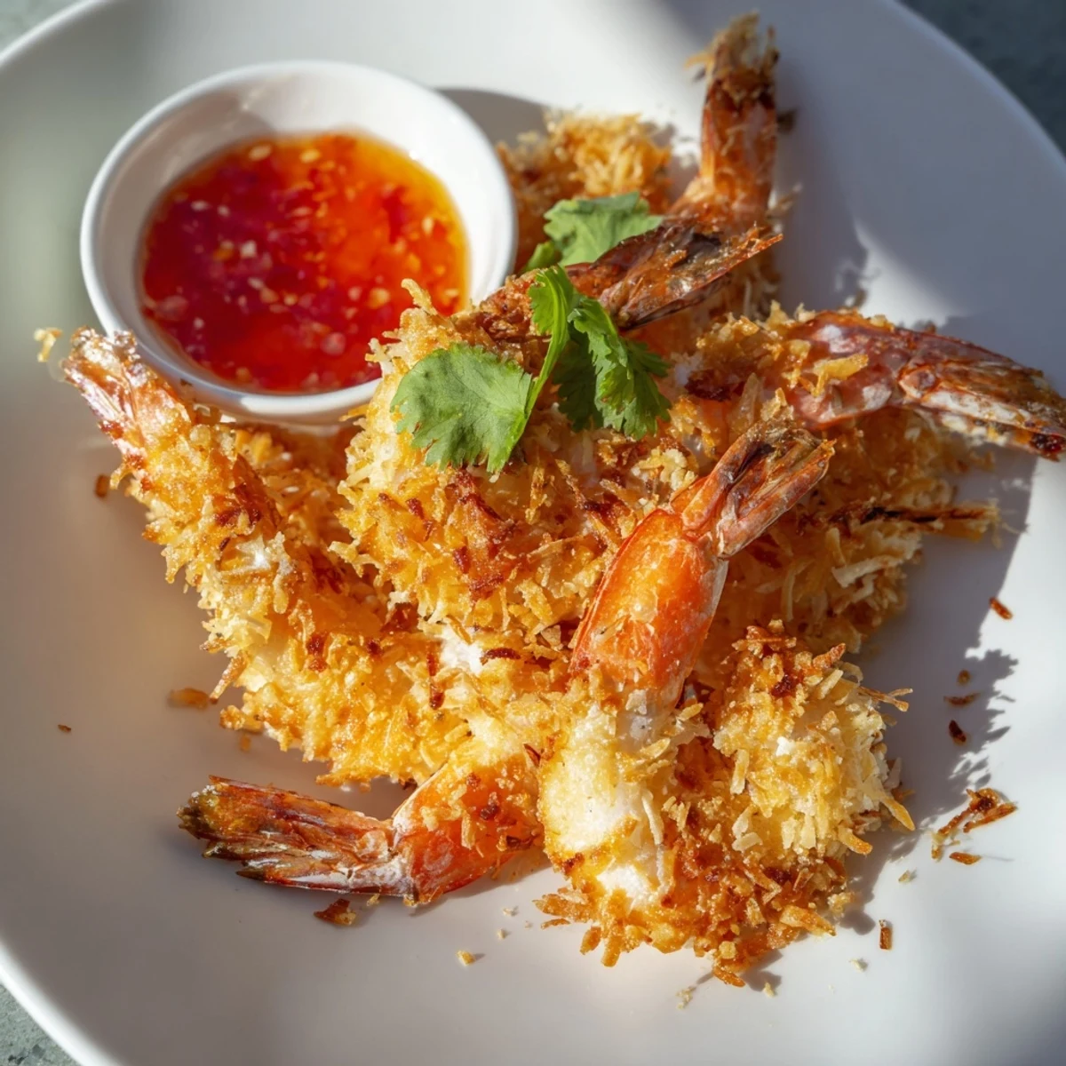 Close-up of Crispy Coconut Shrimp with Sweet Chili Sauce highlighting the toasted coconut and panko breading next to a small bowl of sauce.