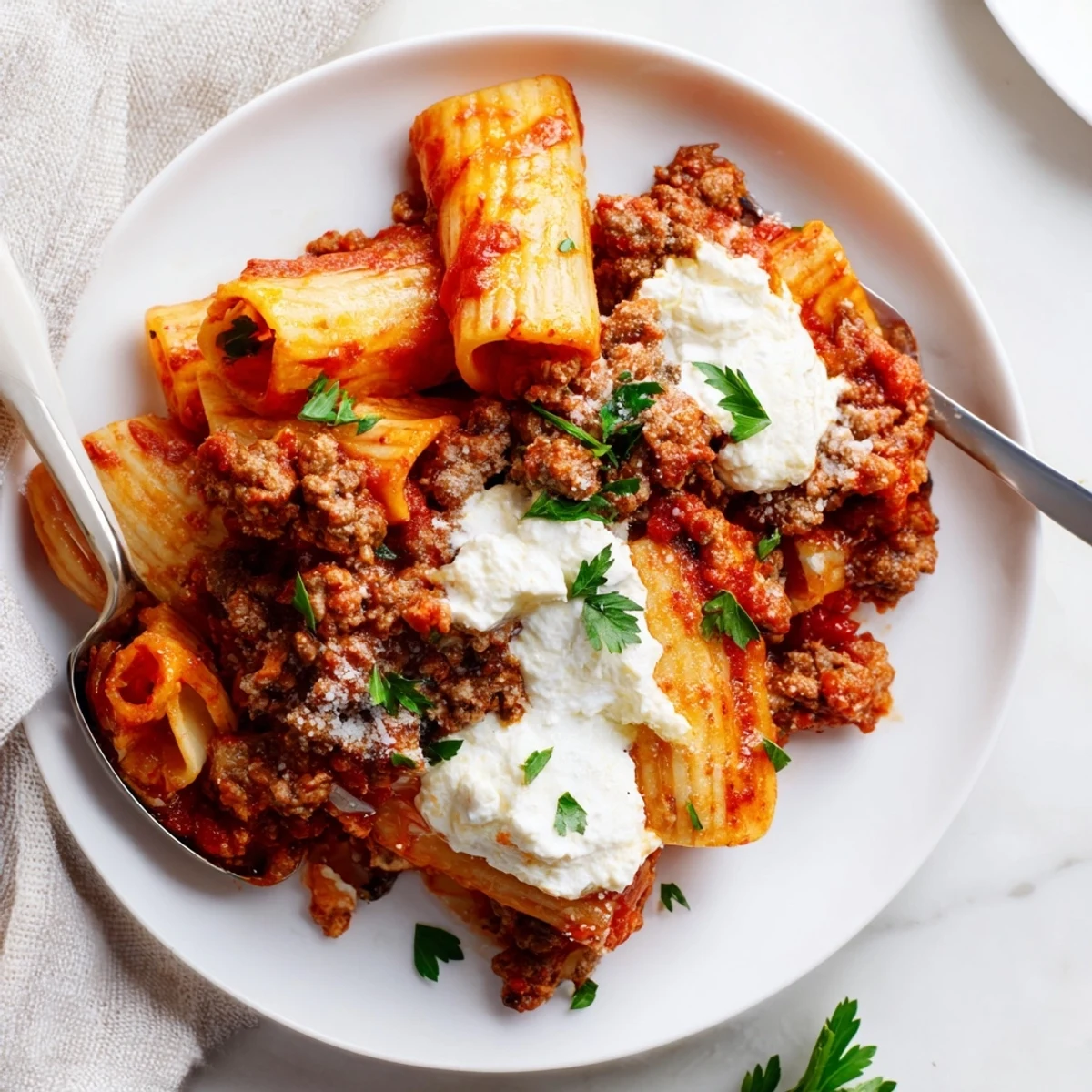 Golden bubbly mozzarella and ricotta baked ziti with ground beef and marinara, served in a white casserole dish.