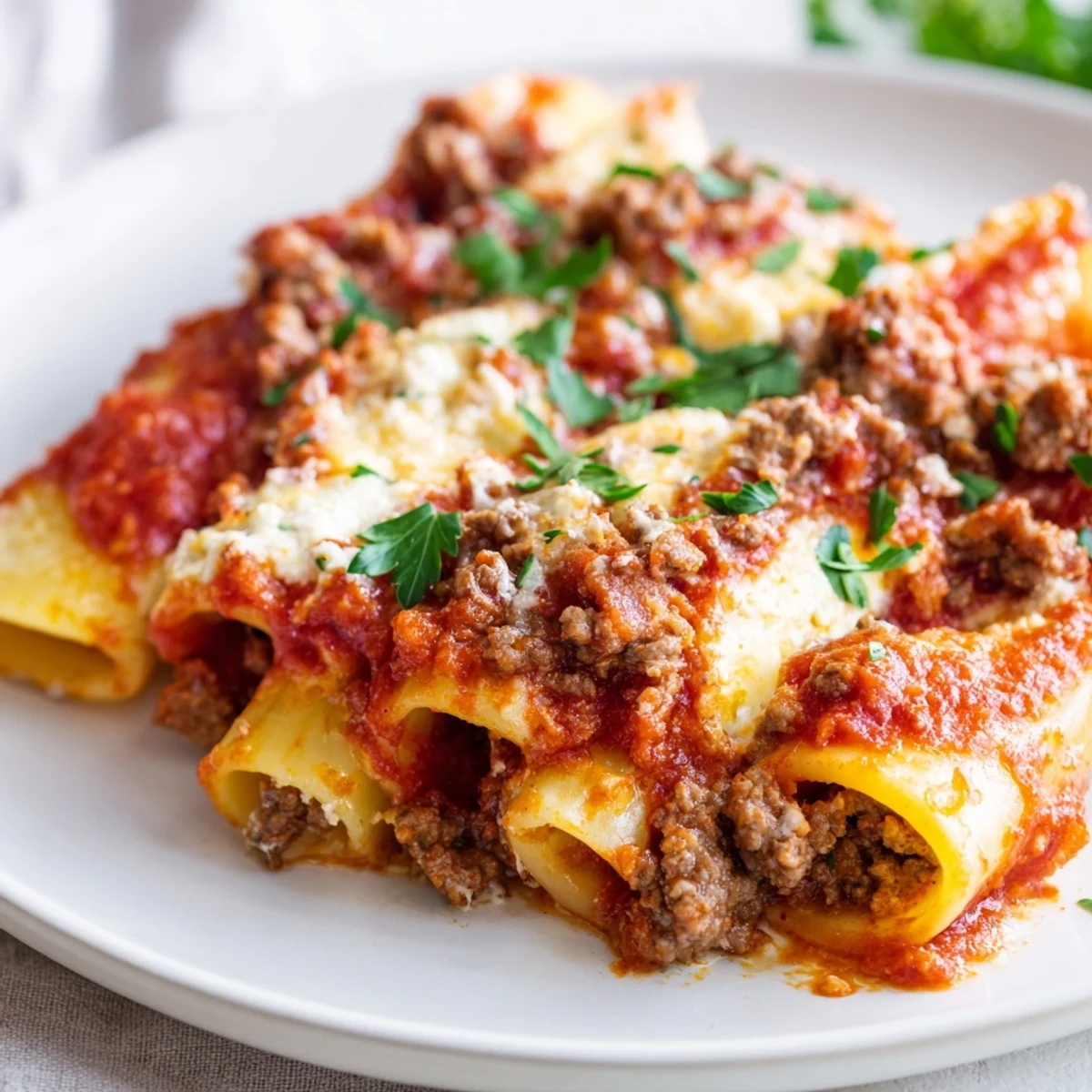 Steam rises from a freshly baked Baked Ziti with Ground Beef and Marinara, with a golden cheese crust.