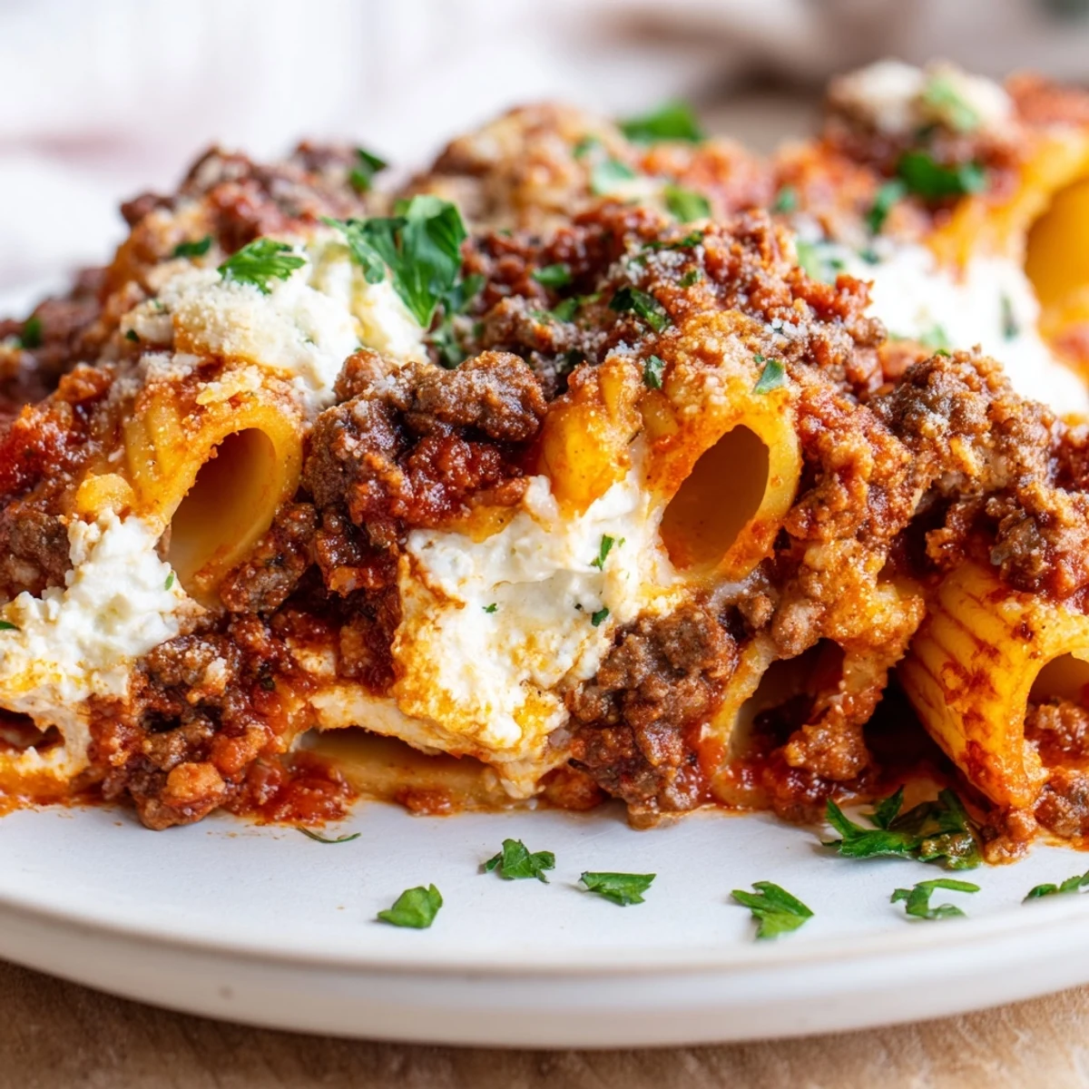 A generous scoop of Baked Ziti with Ground Beef and Marinara reveals layers of pasta and rich red sauce.