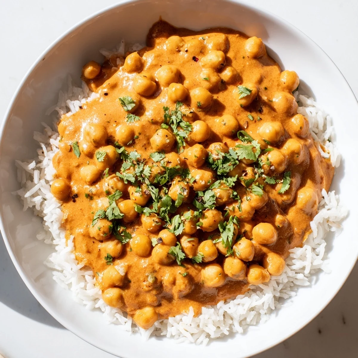 Vibrant bowl of Vegan Chickpea Tikka Masala with Rice topped with fresh cilantro, served alongside warm naan bread.