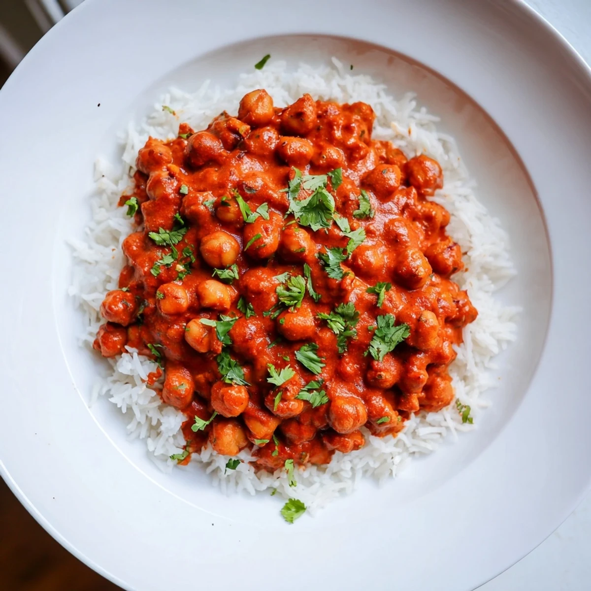 Steaming bowl of Vegan Chickpea Tikka Masala with Rice featuring tender chickpeas in a rich, creamy tomato and coconut sauce.