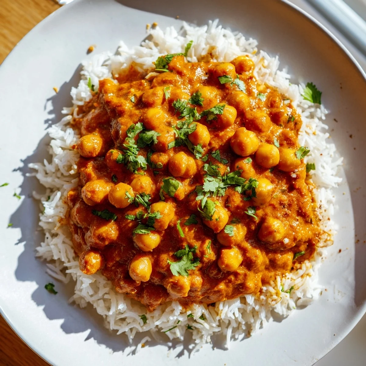 Colorful plate of Vegan Chickpea Tikka Masala with Rice, highlighting golden basmati rice and a thick, aromatic curry.