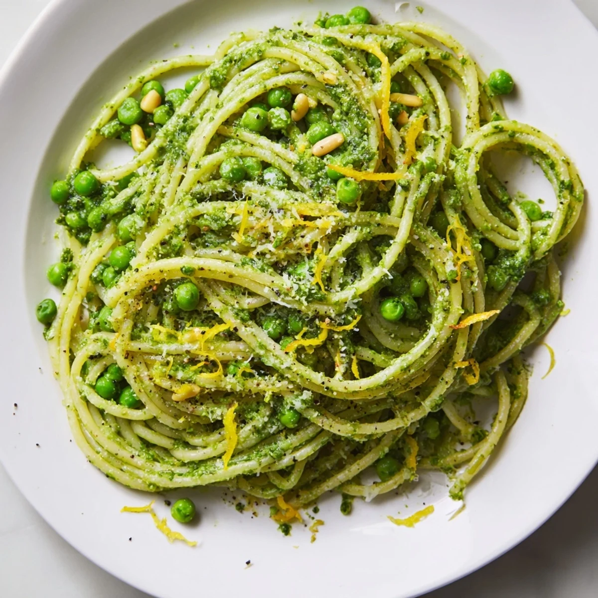 Bright green Spring Pea and Mint Pesto Pasta is served in a white bowl with extra Parmesan.
