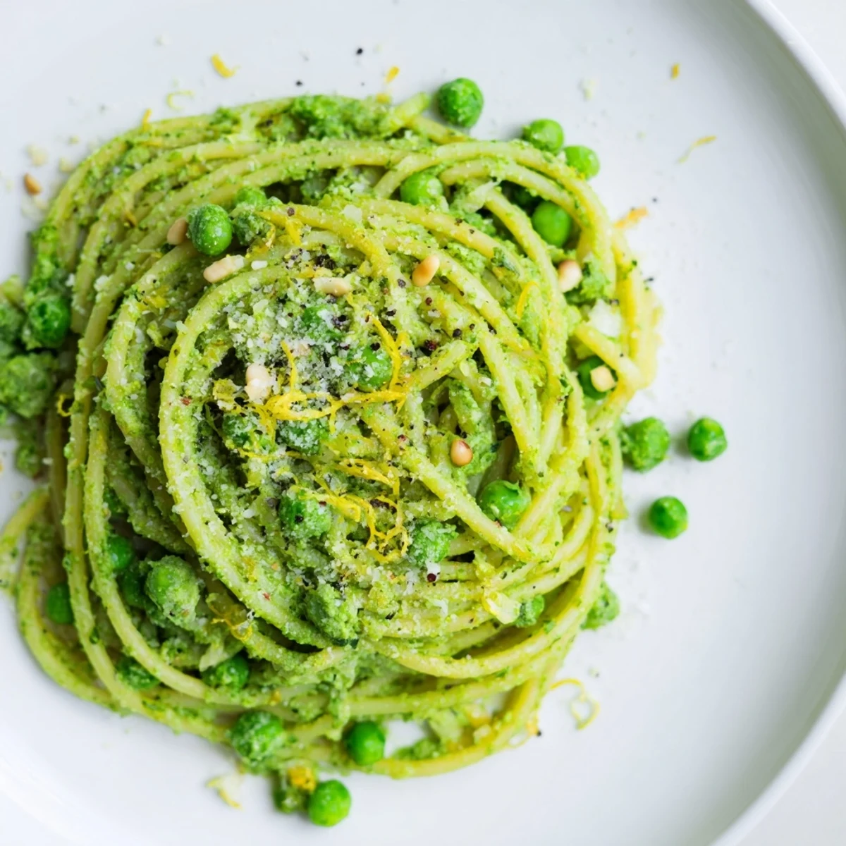 A platter of Spring Pea and Mint Pesto Pasta garnished with lemon zest and fresh mint leaves.