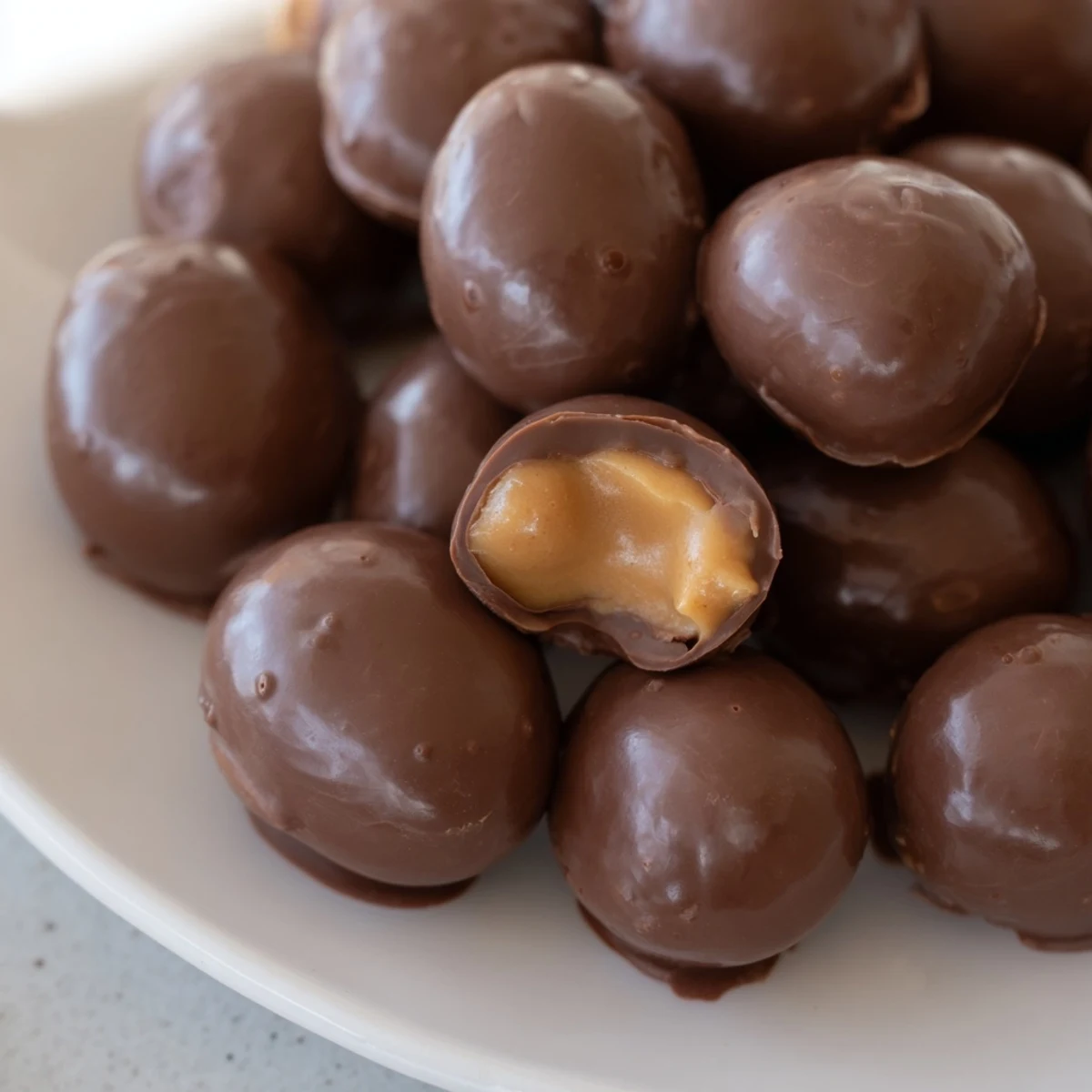 Smooth chocolate-dipped Chocolate Peanut Butter Eggs rest on parchment, showcasing creamy filling perfect for holiday dessert trays.  