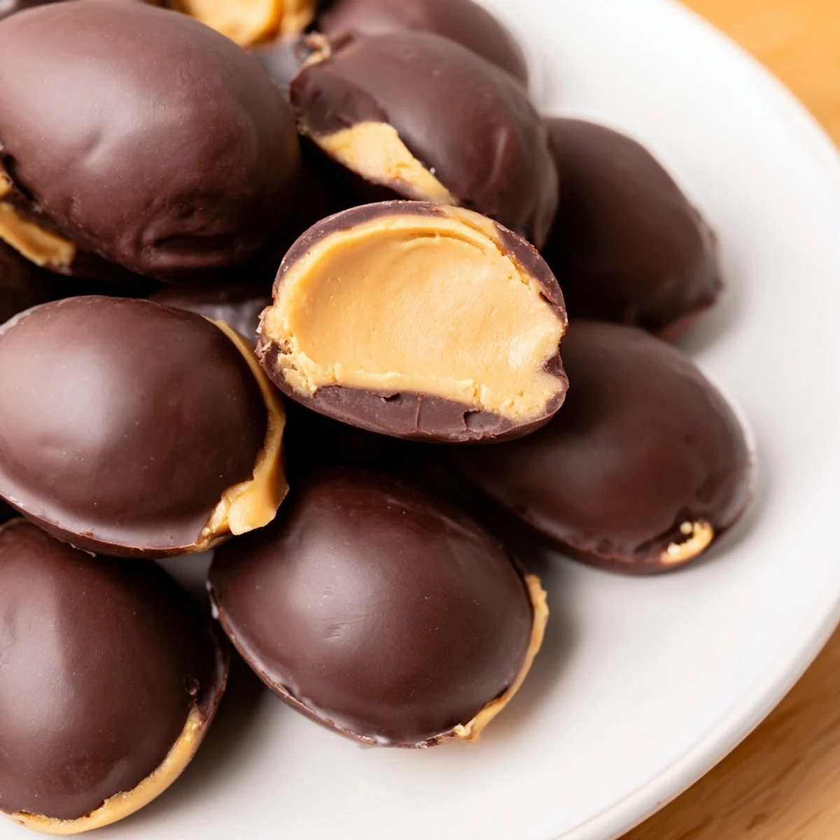 Close-up of Chocolate Peanut Butter Eggs showing glossy coating and soft filling, served on a white dessert plate.