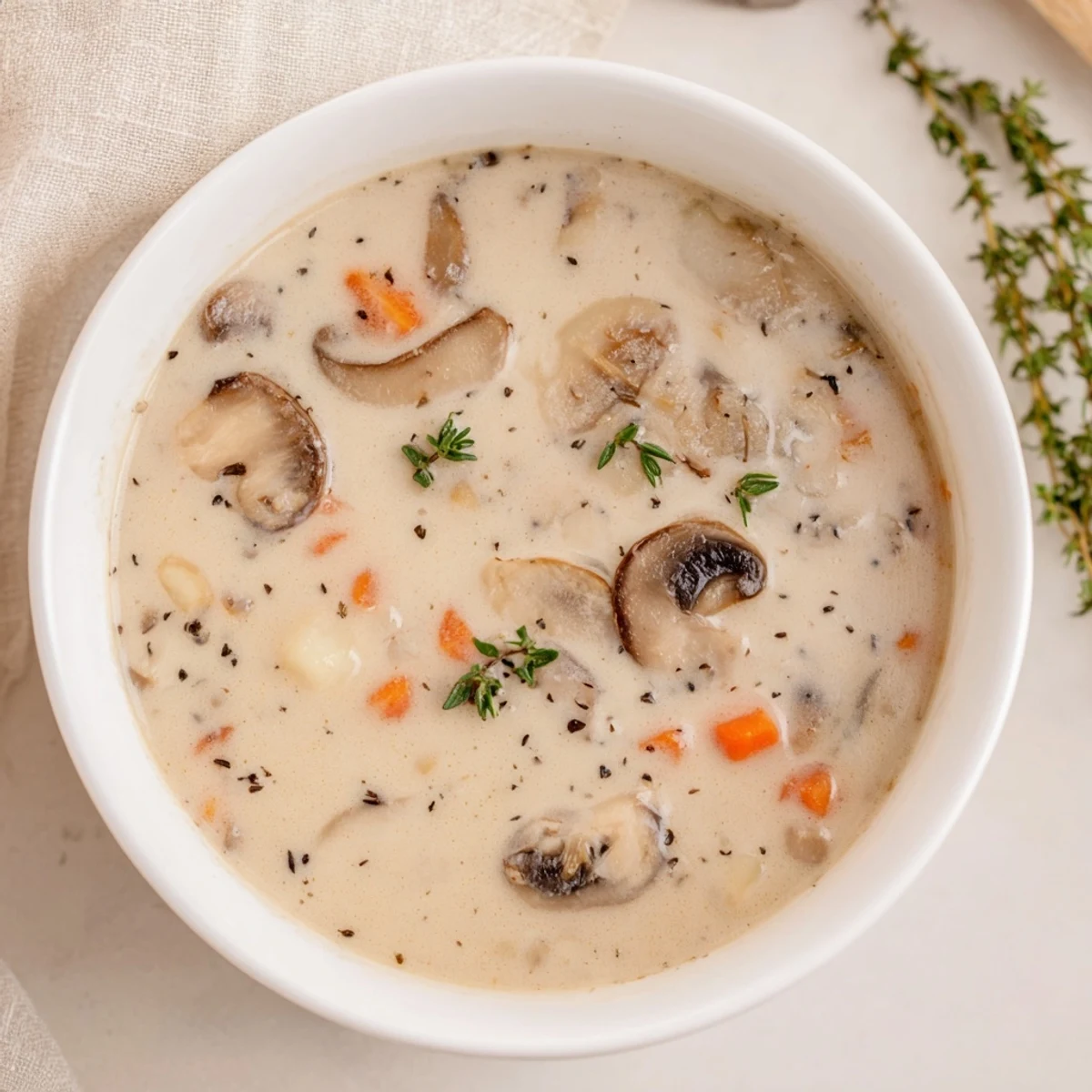 Creamy Mushroom Soup with Thyme steaming in a white bowl, garnished with fresh thyme and a swirl of cream for a comforting autumn dinner.