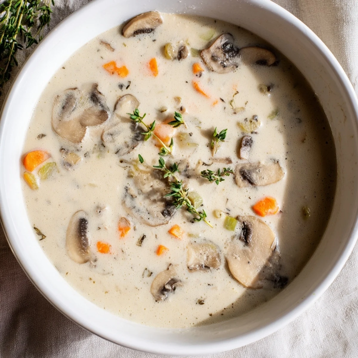 Warm bowl of Creamy Mushroom Soup with Thyme beside crusty bread and a wooden spoon, ready for a cozy lunch on a rainy day.