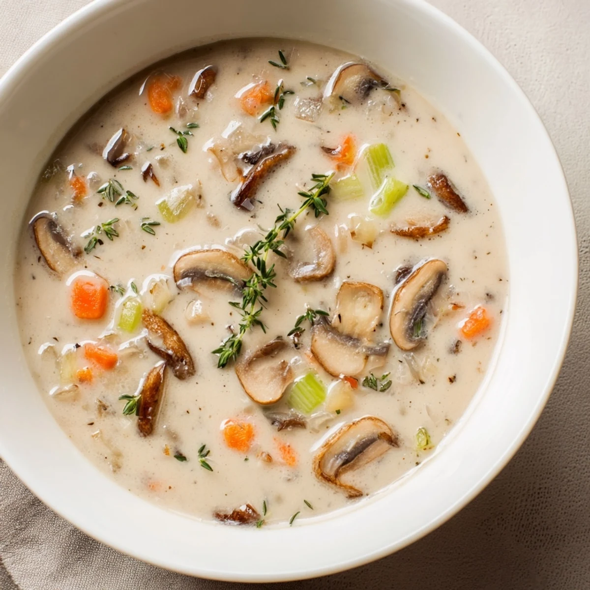 Velvety Creamy Mushroom Soup with Thyme poured into a rustic mug, topped with thyme leaves and black pepper for an elegant appetizer.