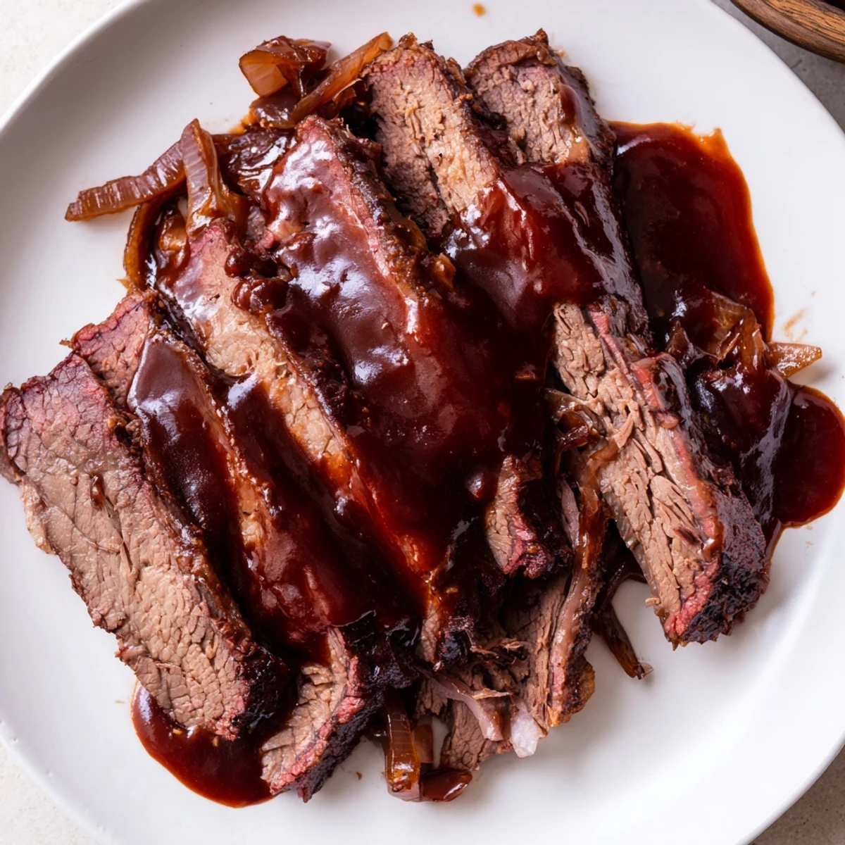 Tender slices of Slow Cooked Beef Brisket with BBQ Sauce glistening with rich, smoky glaze, served on a rustic platter.