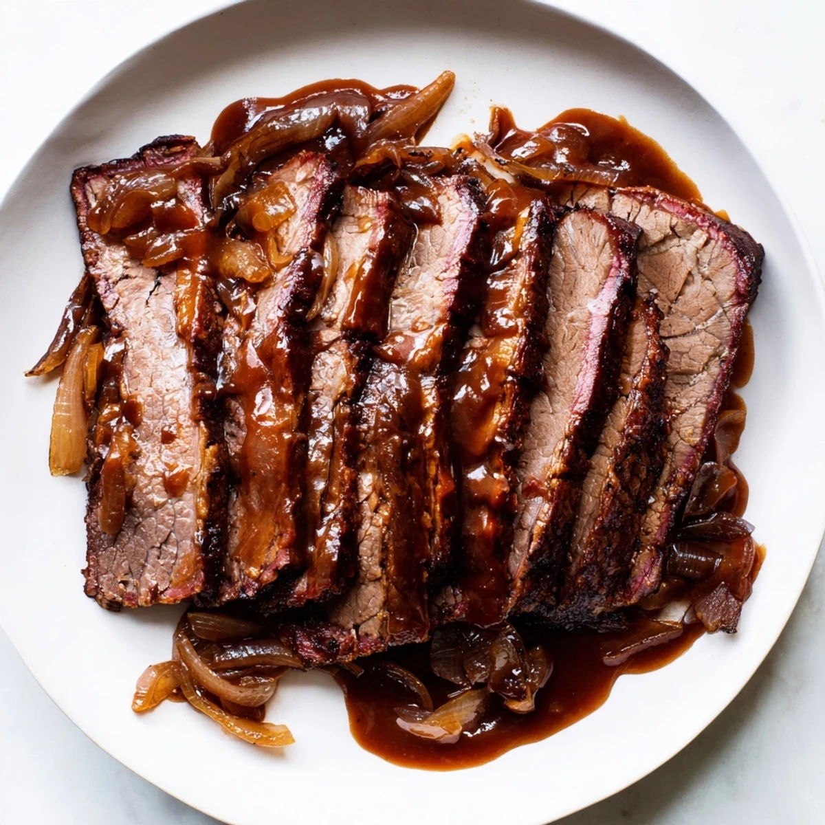 A generous portion of Slow Cooked Beef Brisket with BBQ Sauce being drizzled with extra sauce over soft sandwich buns.