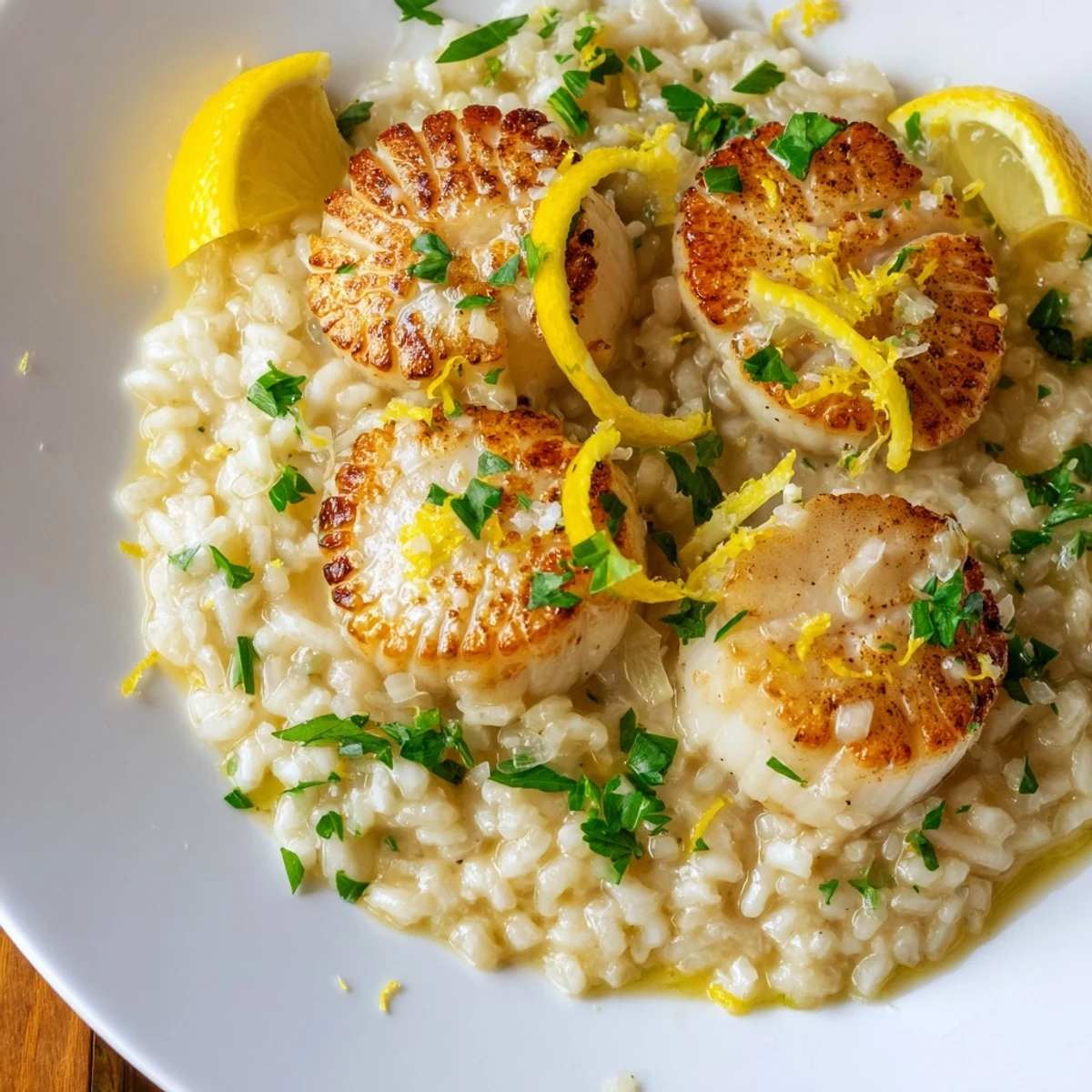 Golden-brown seared scallops with a zesty lemon garlic glaze nestled on creamy Parmesan risotto, garnished with fresh parsley.  