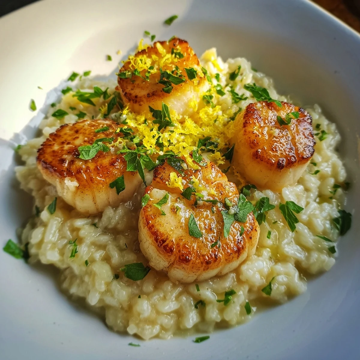 Lemon Garlic Scallops with Risotto served elegantly on a white plate, showing the buttery pan sauce drizzling over the grains.  