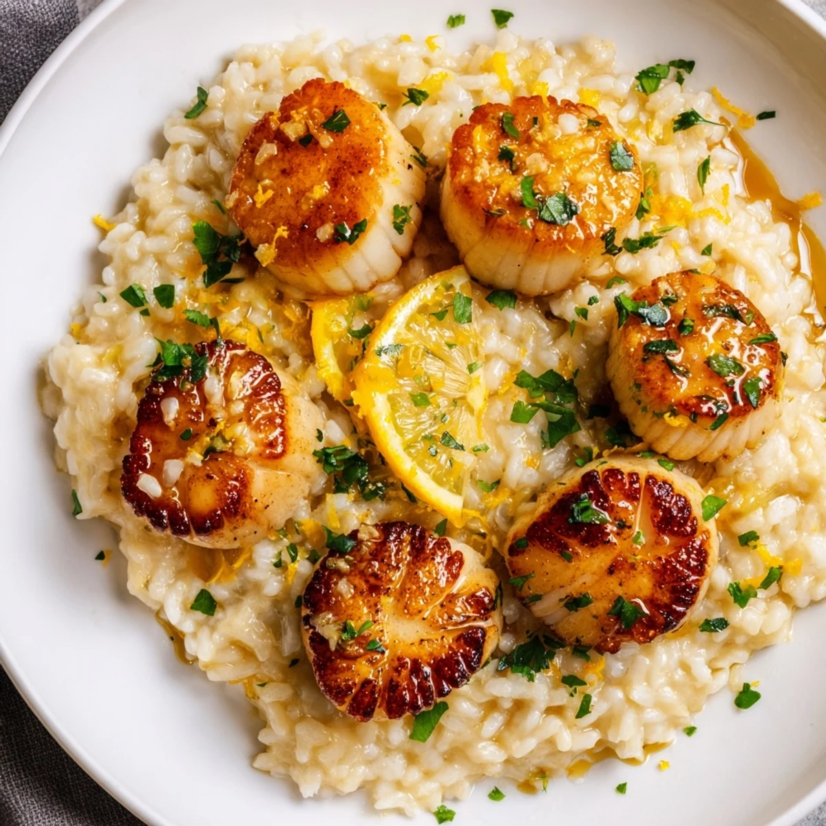 A close-up view of Lemon Garlic Scallops with Risotto, highlighting the tender scallops and rich, steamy Italian-inspired dish.
