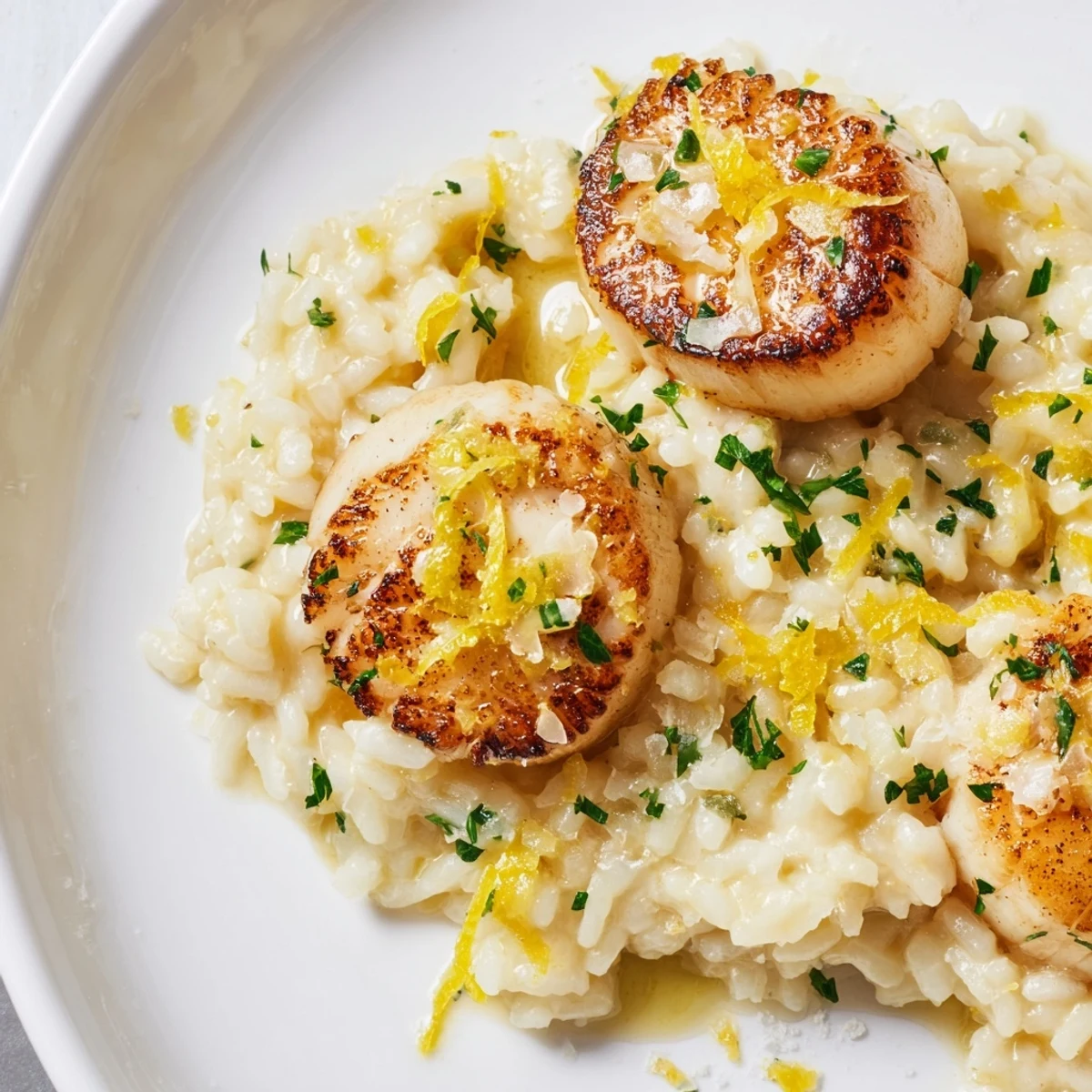 Golden seared scallops with lemon and garlic rest on a bed of creamy risotto, garnished with fresh parsley.