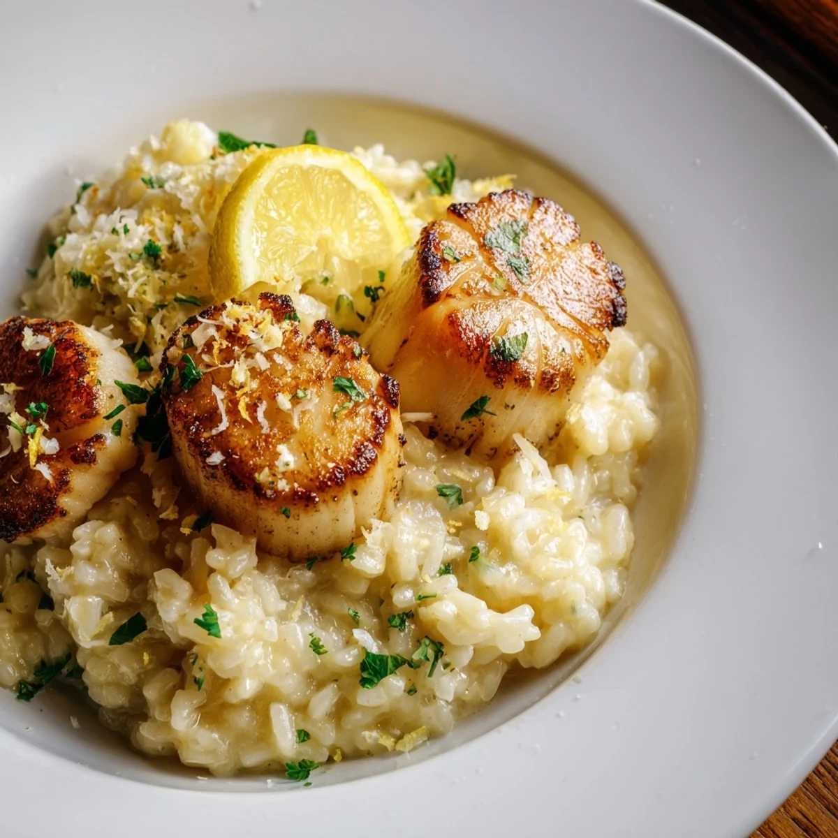 Lemon Garlic Scallops with Creamy Risotto presented on a white plate, highlighting the tender seafood and rich grains.