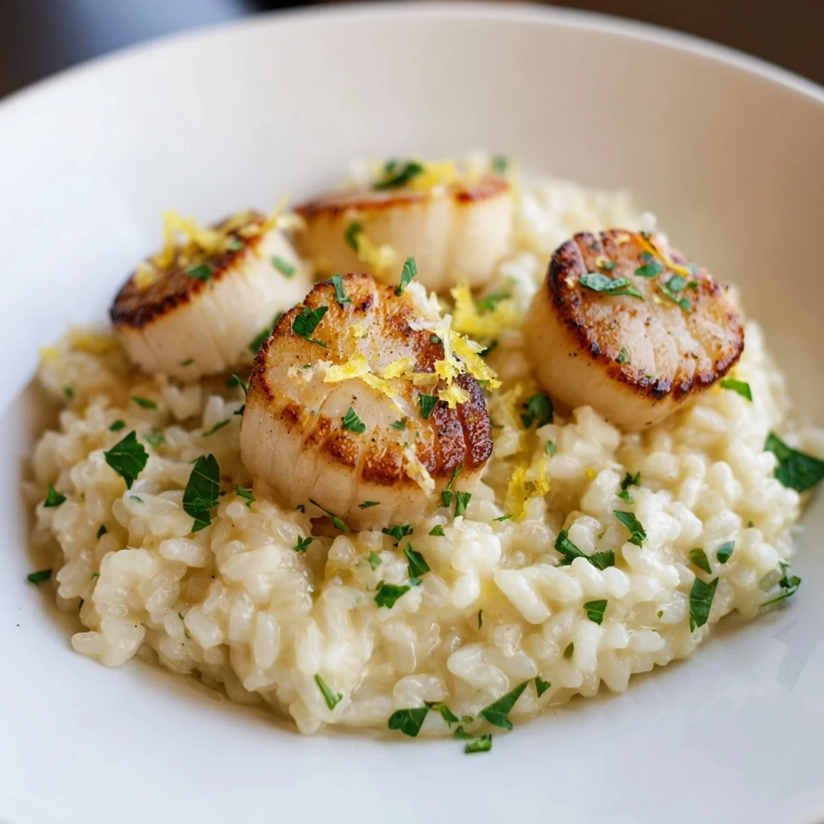 Close up of Lemon Garlic Scallops with Creamy Risotto showing a velvety texture and a drizzle of lemon butter sauce.