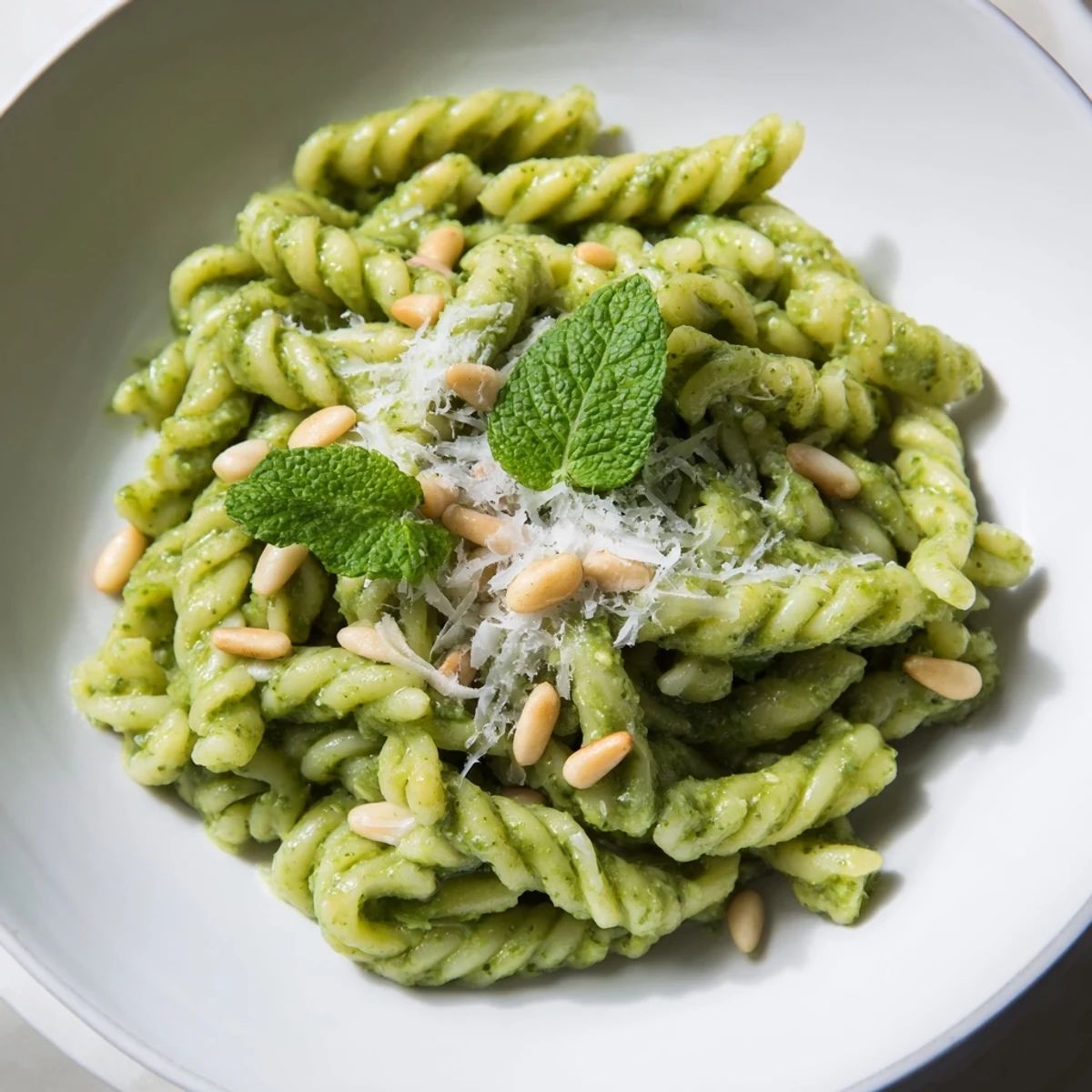 A vibrant bowl of Spring Pea and Mint Pesto Pasta with Pine Nuts features creamy green sauce coating spiral fusilli, topped with golden toasted nuts.