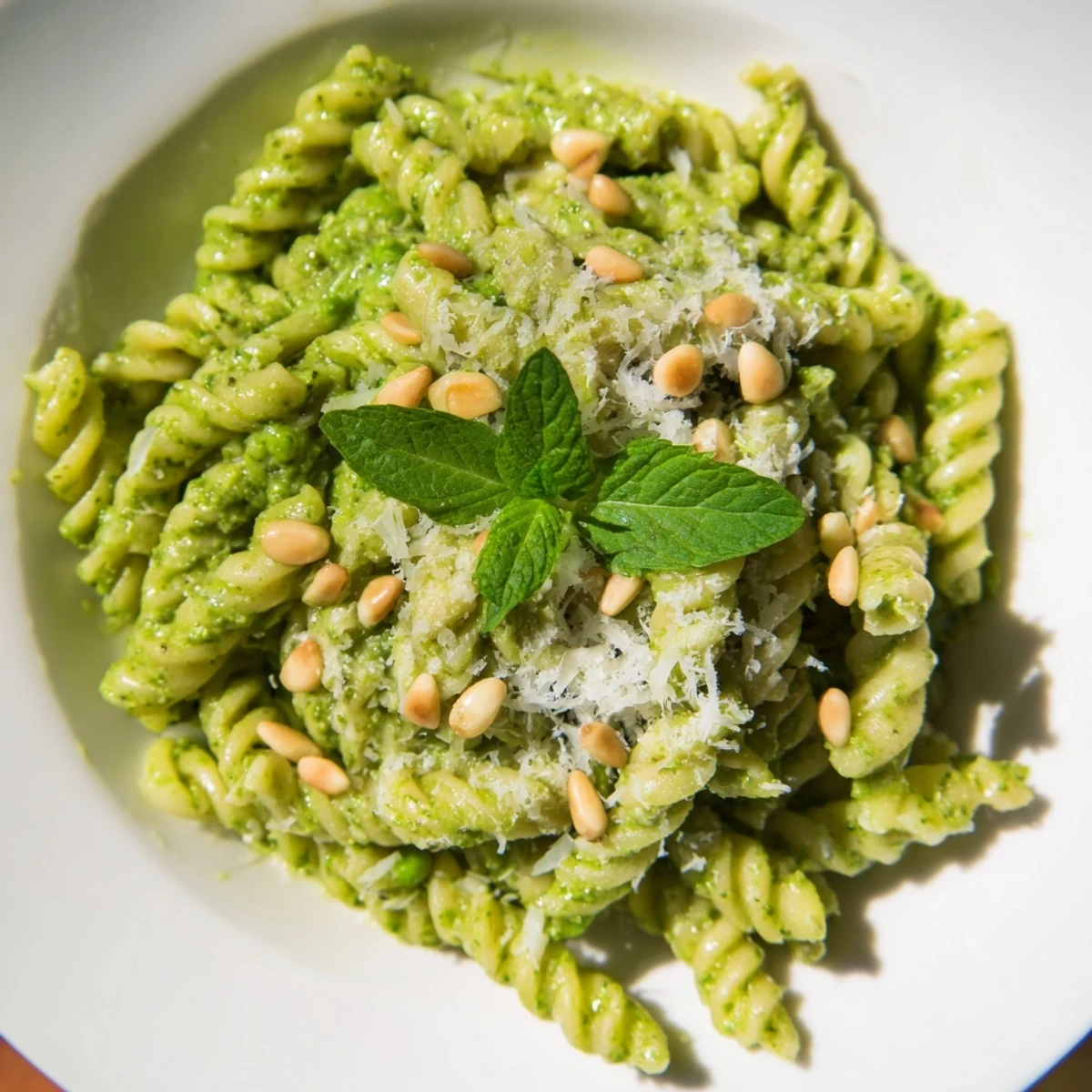 A close up view of Spring Pea and Mint Pesto Pasta with Pine Nuts showing fresh basil leaves and grated parmesan on a rustic wooden table.
