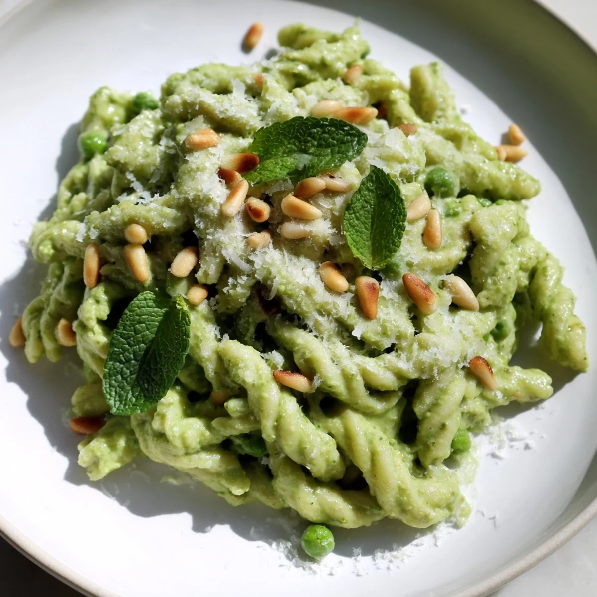 Overhead shot of Spring Pea and Mint Pesto Pasta with Pine Nuts served in a white bowl with a fork and glass of white wine.