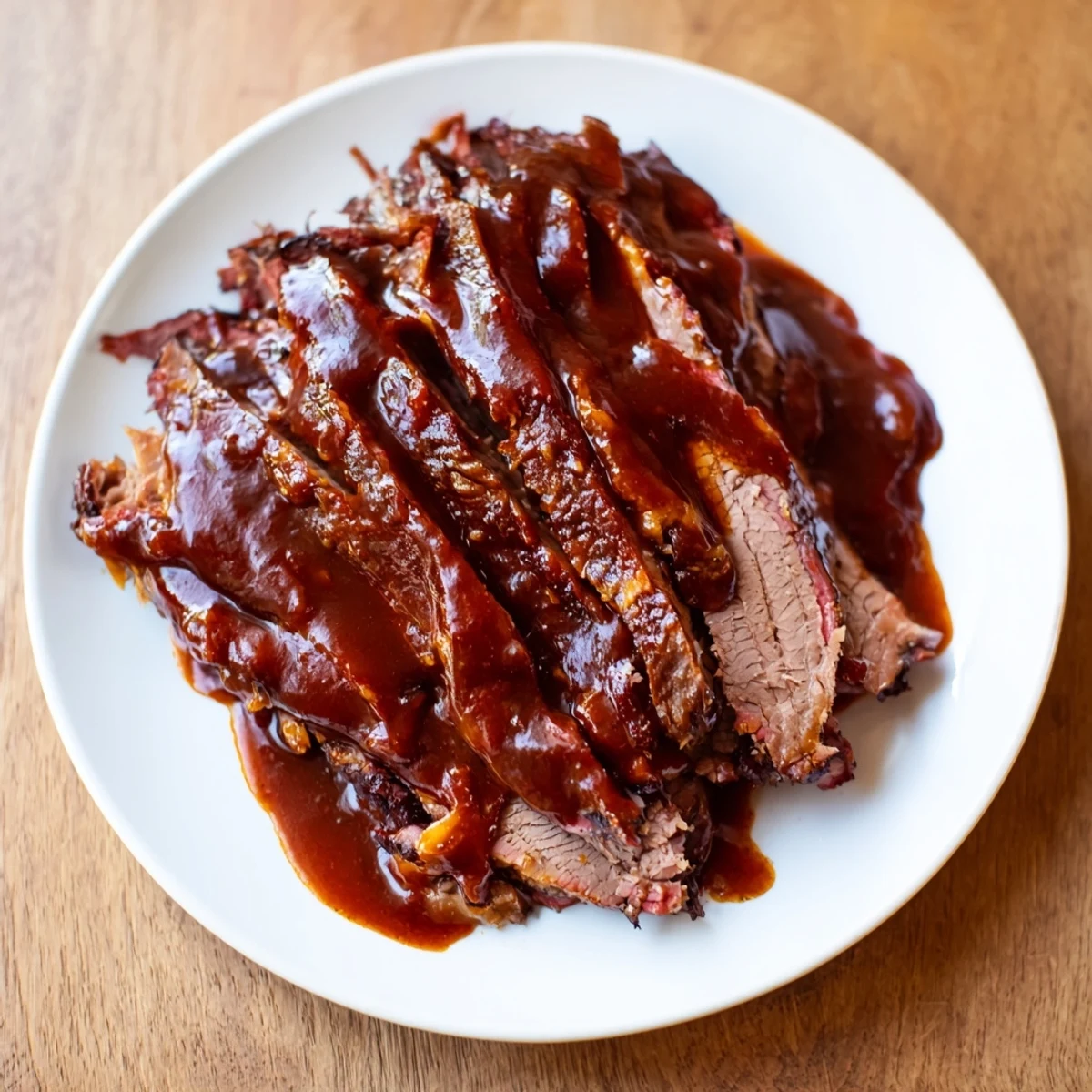Close-up of slow cooked beef brisket with smoky BBQ sauce, sliced to show tender layers on a rustic wooden board.