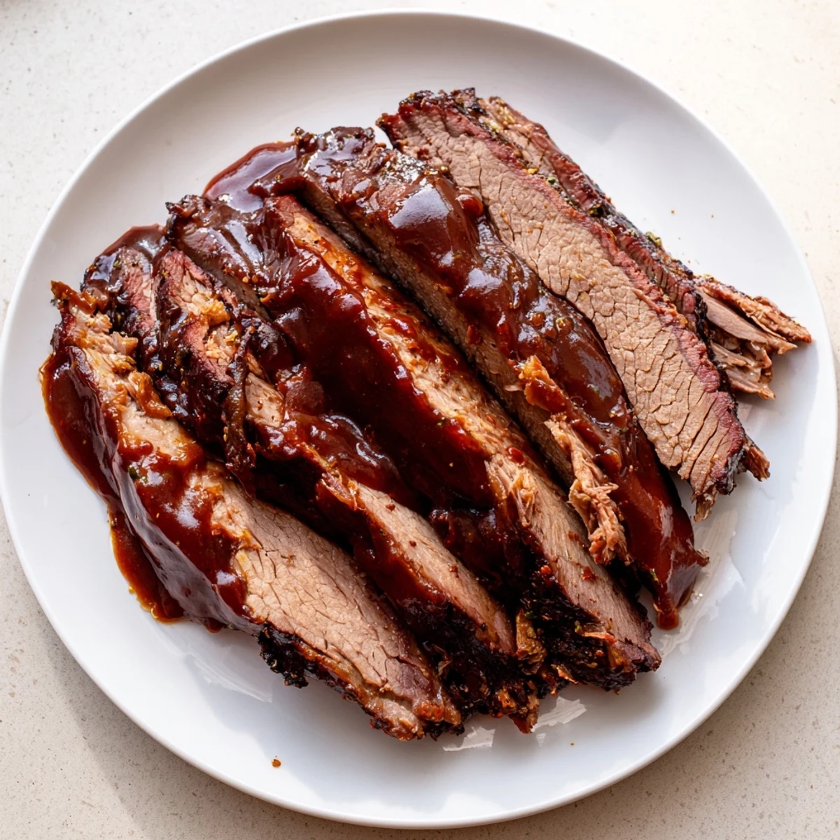 Juicy slow cooked beef brisket with smoky BBQ sauce being shredded with forks, ready for hearty sandwich assembly.
