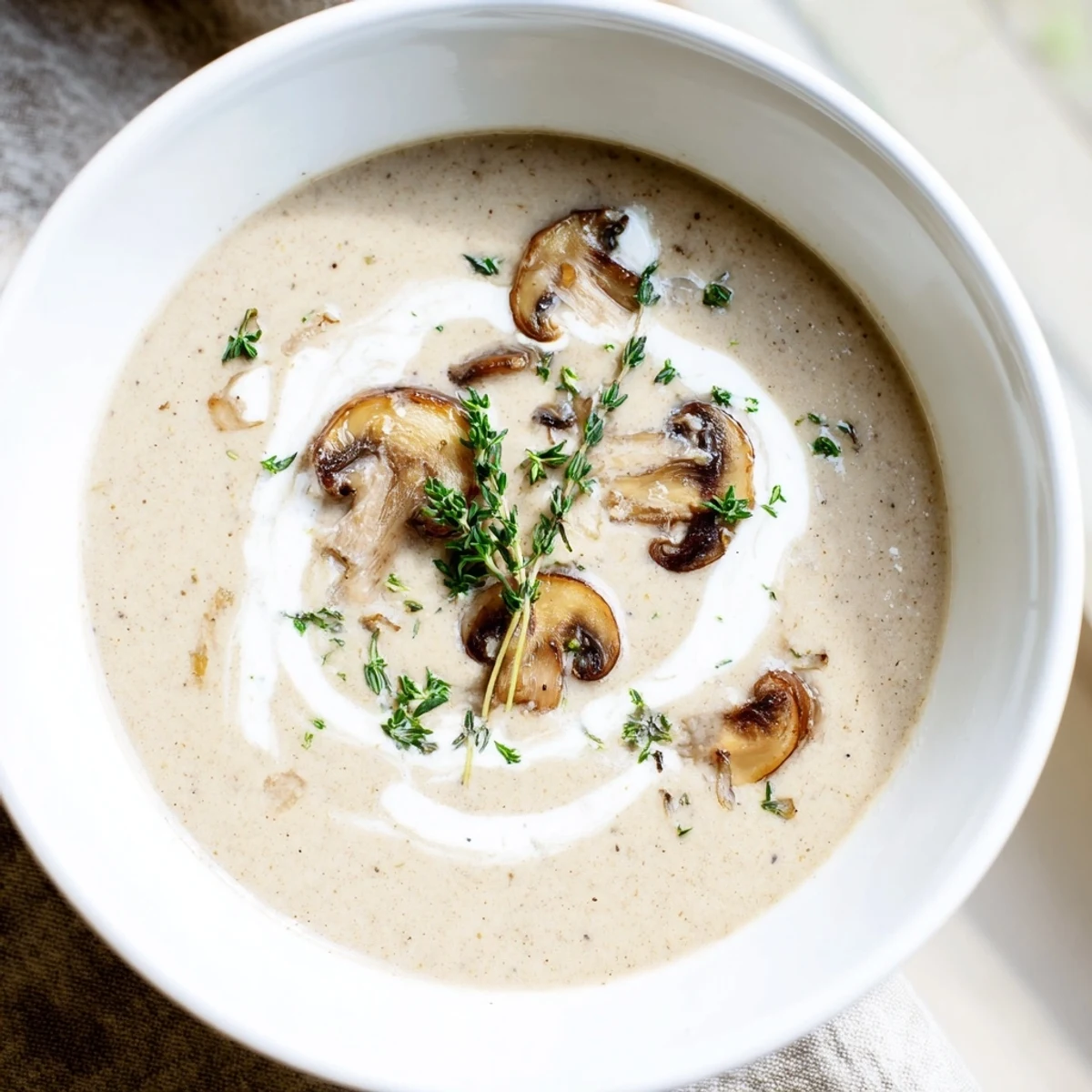 Creamy Mushroom Soup with Fresh Thyme ladled into a white bowl, garnished with parsley and thyme sprigs.