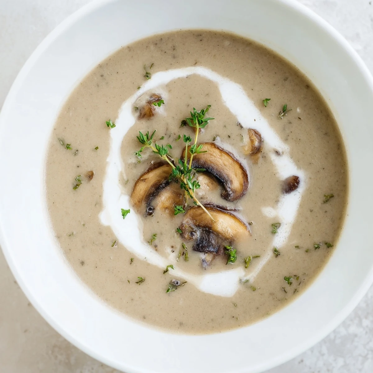 A cozy, velvety bowl of Creamy Mushroom Soup with Fresh Thyme beside crusty bread.
