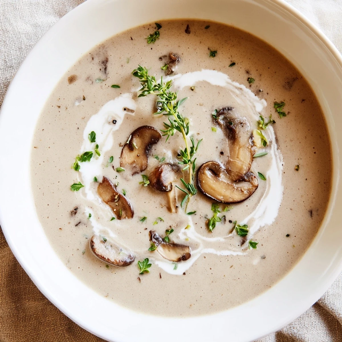 Sautéed mushrooms and fresh thyme simmer in a pot for Creamy Mushroom Soup.