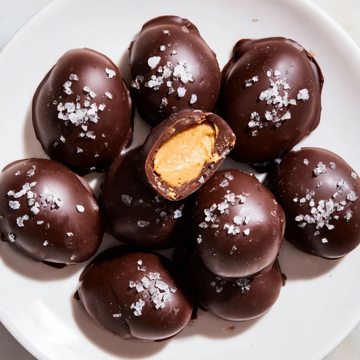 Homemade Chocolate Peanut Butter Eggs with Sea Salt on a white plate, creamy centers and glossy chocolate coating.