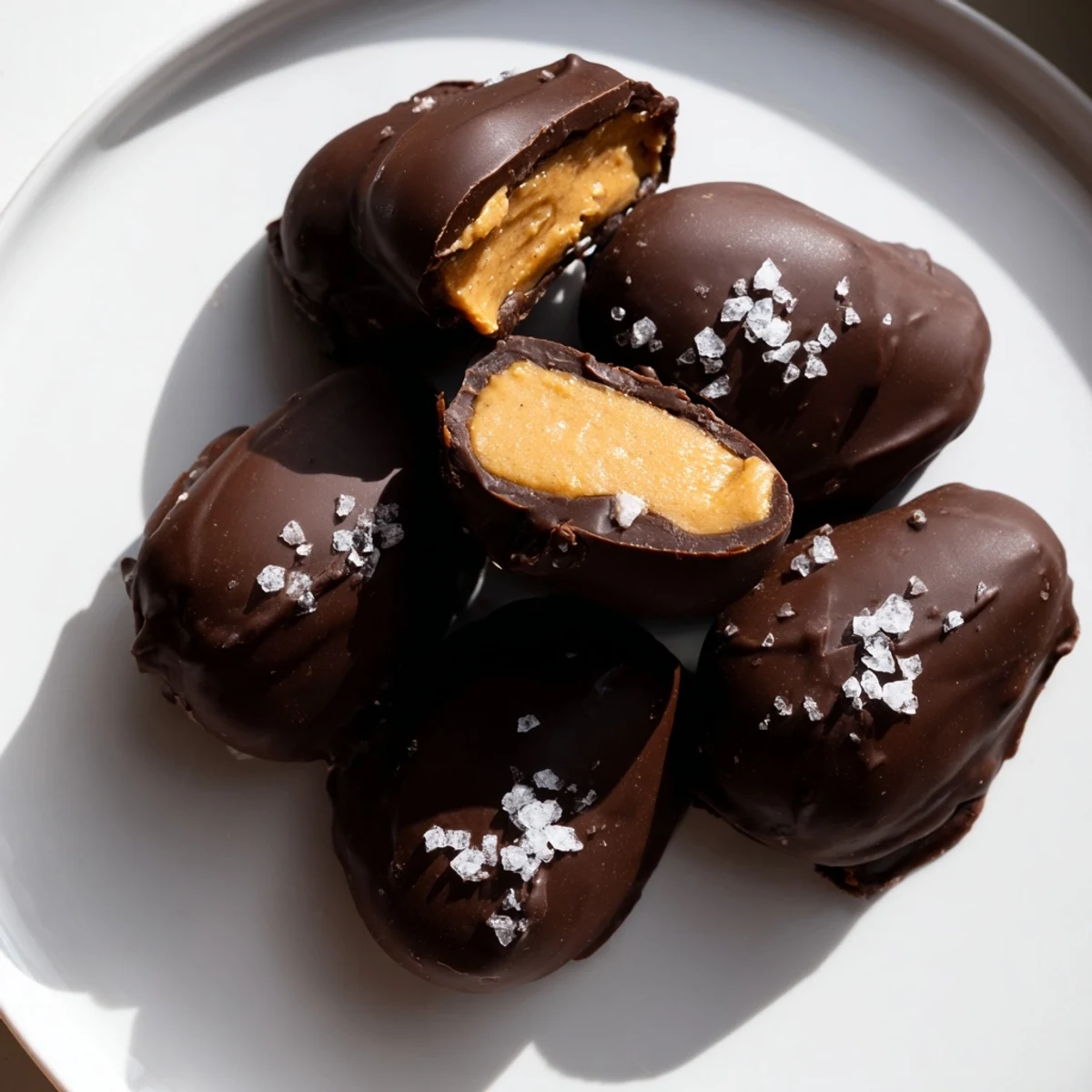 Chocolate Peanut Butter Eggs with Sea Salt arranged on parchment, ready to serve with cold milk.