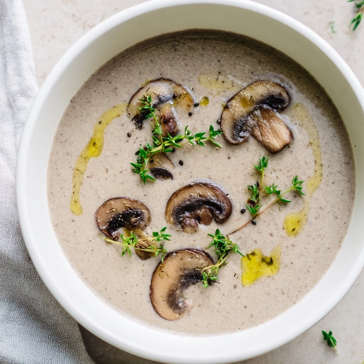 A bowl of creamy mushroom soup with fresh thyme, garnished with thyme sprigs and served with crusty bread.