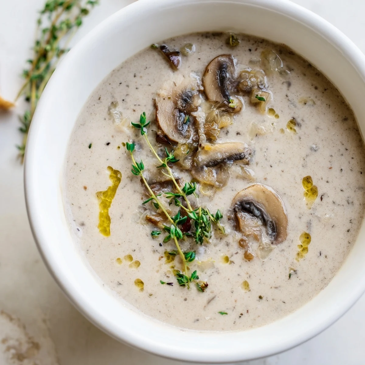 The finished creamy mushroom soup with fresh thyme features golden mushrooms in a velvety broth, with olive oil drizzle.