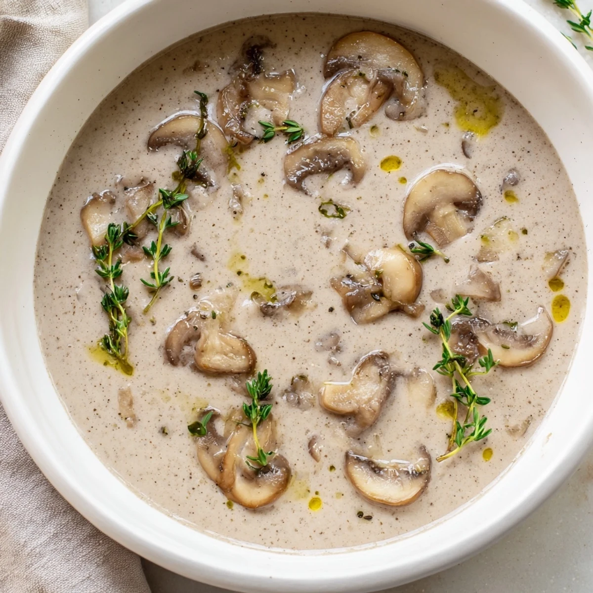 This vegetarian creamy mushroom soup with fresh thyme offers rich, velvety texture, ideal for a cozy, elegant dinner.
