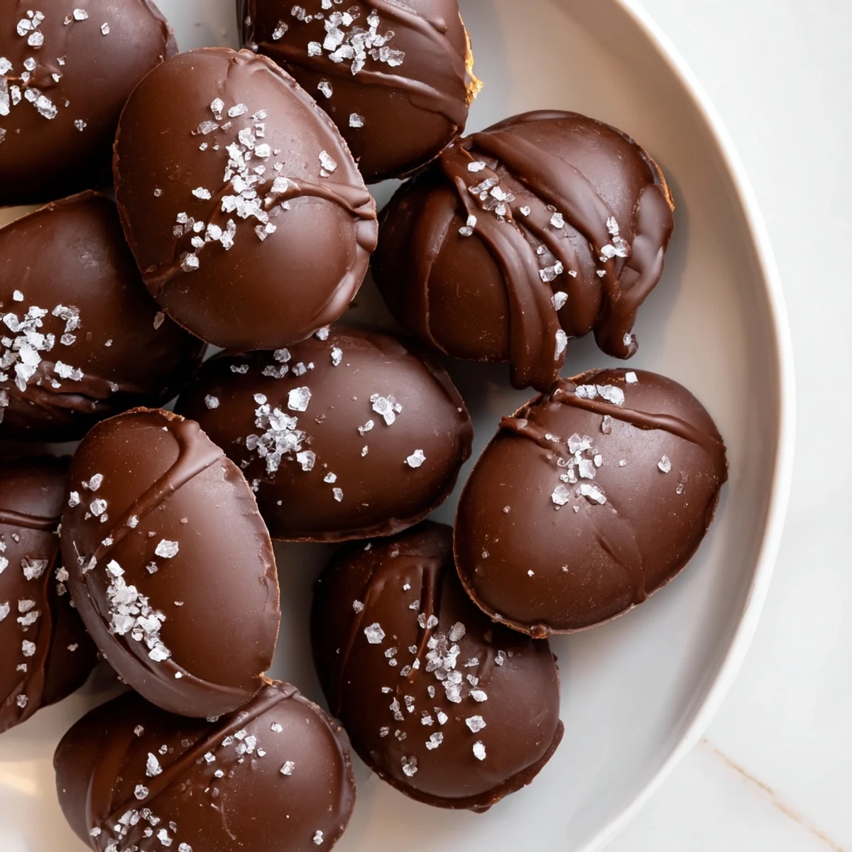 Dark chocolate coated Chocolate Peanut Butter Eggs with Sea Salt are arranged on a tray with flaky salt sparkling on top.