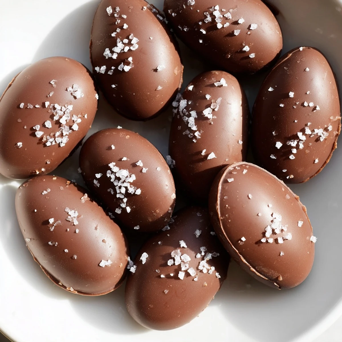Freshly shaped Chocolate Peanut Butter Eggs with Sea Salt rest on parchment, showing creamy filling and a glossy chocolate coating.