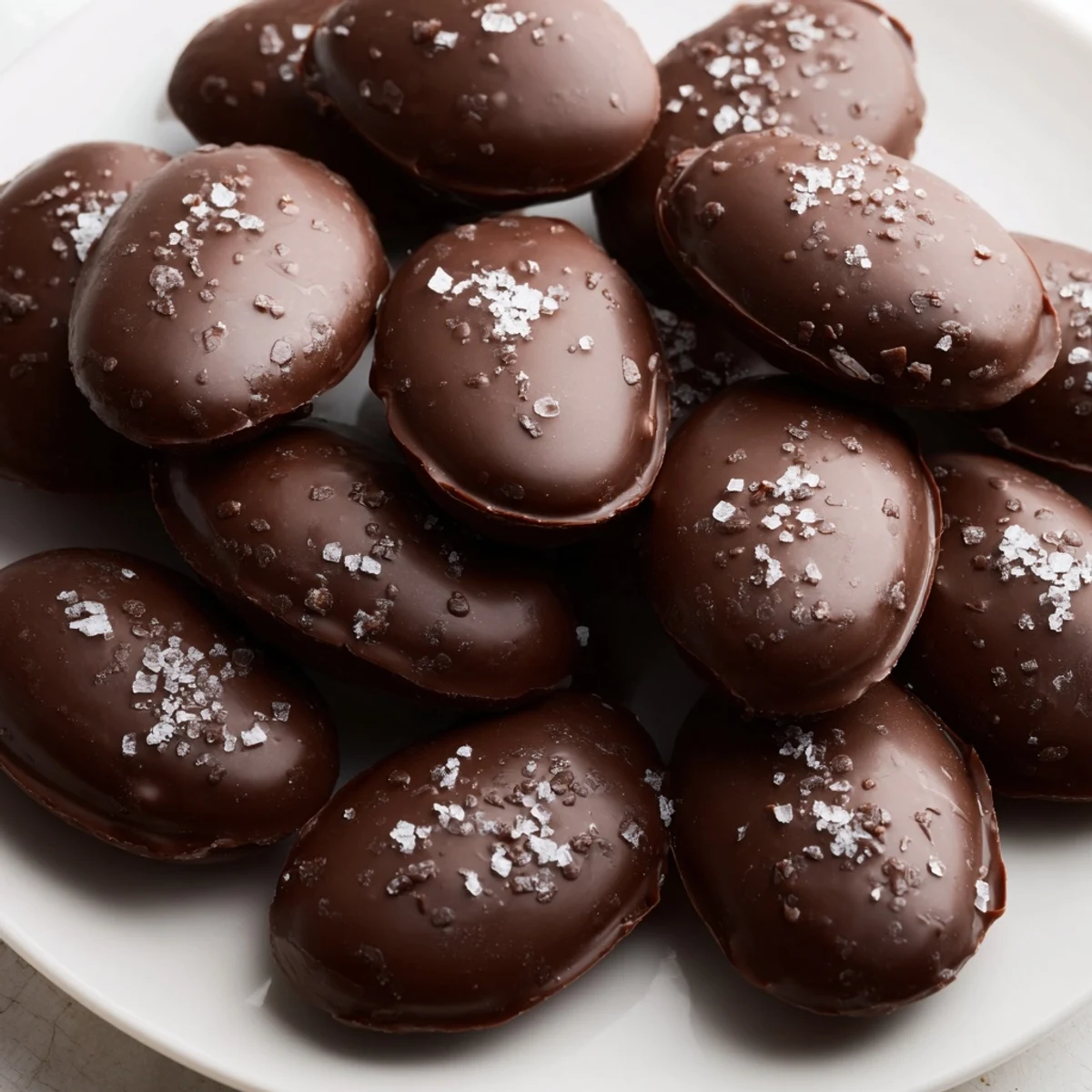 Homemade Chocolate Peanut Butter Eggs with Sea Salt on a baking sheet, ready to be served chilled alongside a cold glass of milk.