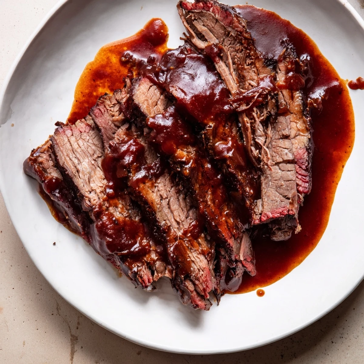 Sliced Slow Cooked Beef Brisket with Smoky BBQ Sauce rests on a wooden board, juices pooling beside it.