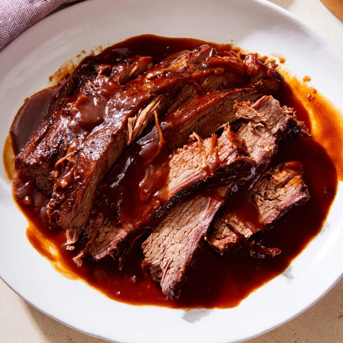 Fork-tender Slow Cooked Beef Brisket with Smoky BBQ Sauce is ready for a family-style dinner plate.