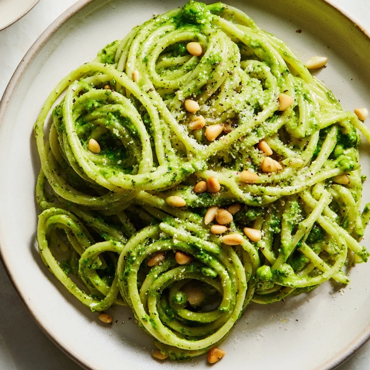 A close-up of Spring Pea and Mint Pesto Pasta with Pine Nuts glistening with olive oil and fresh herbs.