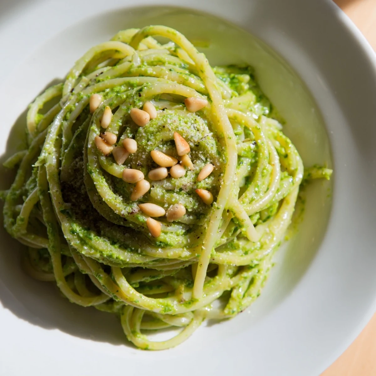 Overhead view of Spring Pea and Mint Pesto Pasta with Pine Nuts served in a white bowl with lemon wedges.