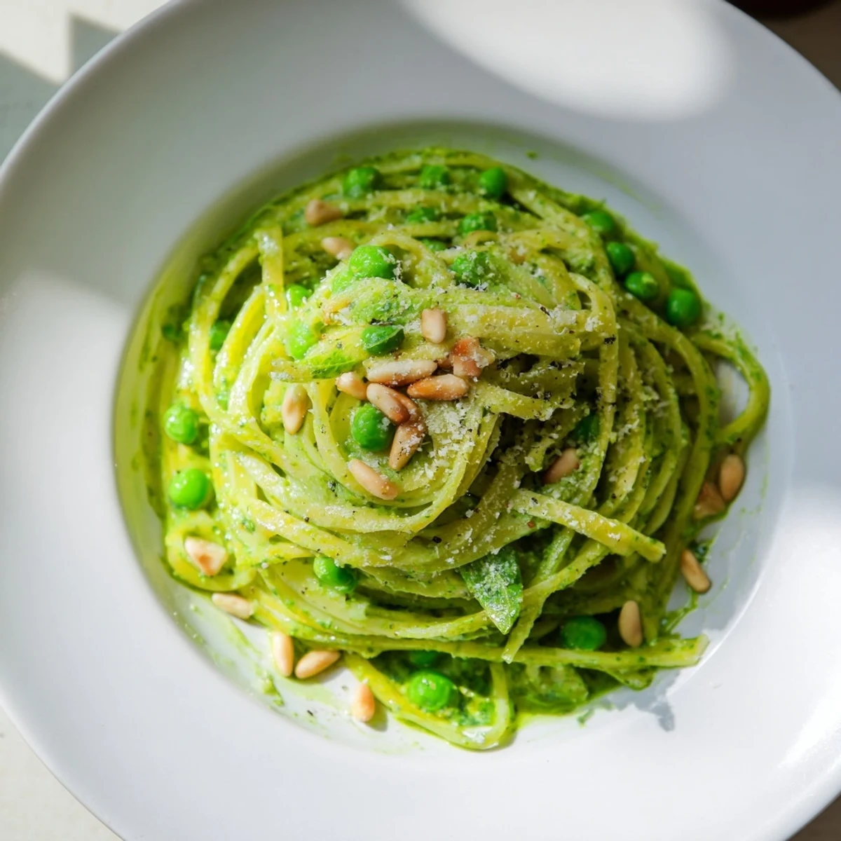 Vibrant green Spring Pea and Mint Pesto Pasta with Pine Nuts garnished with extra toasted nuts and cheese.