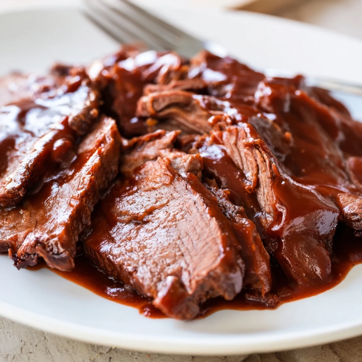 Slices of tender Slow Cooked Beef Brisket with BBQ Sauce glisten on a wooden platter with a side of creamy coleslaw.