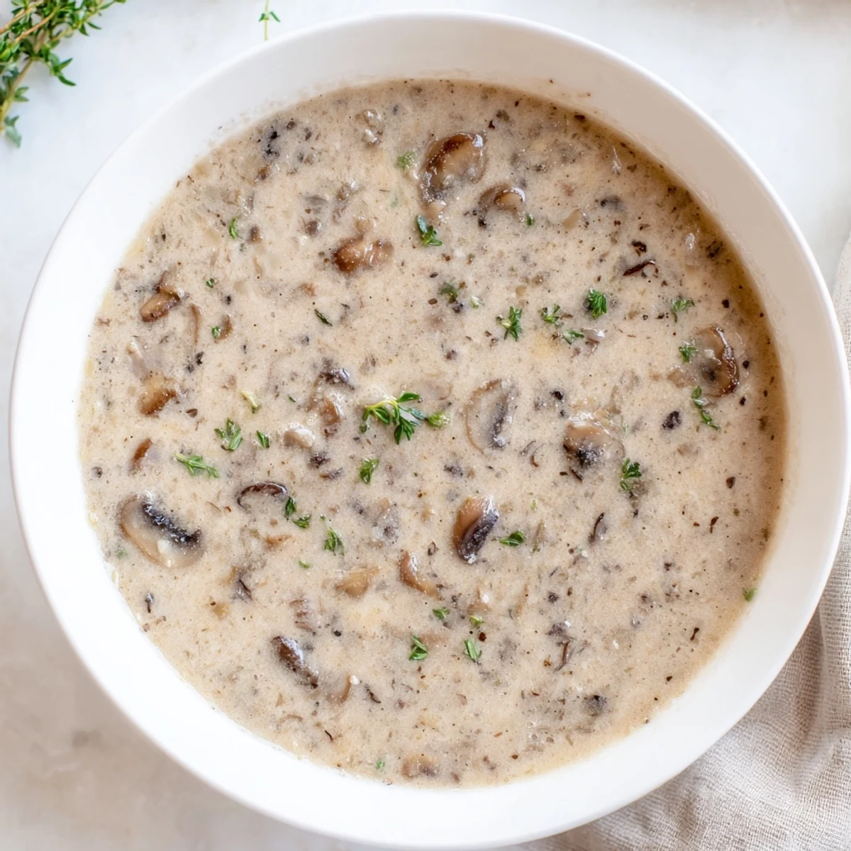 Creamy mushroom soup with thyme ladled into rustic bowls beside crusty artisan bread.