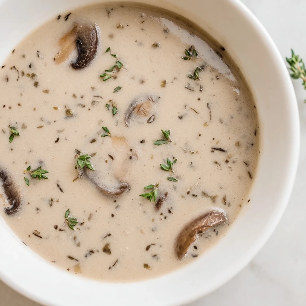 Velvety creamy mushroom soup with thyme simmering in pot garnished with fresh thyme sprigs.