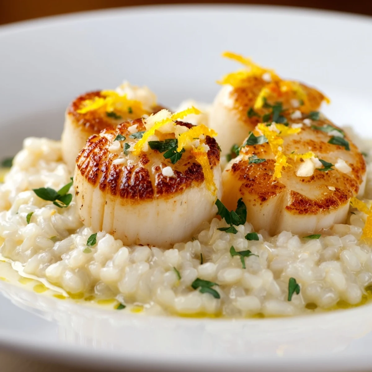 Golden seared scallops on a bed of creamy lemon garlic risotto, garnished with fresh parsley for an elegant Italian-inspired main dish.