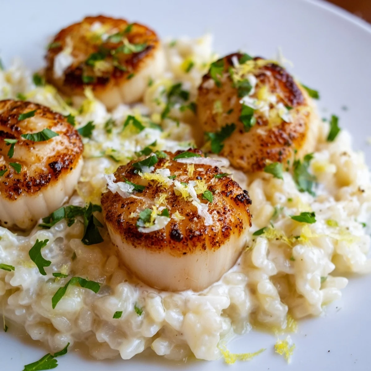 In this lemon garlic scallops with creamy risotto recipe, succulent scallops glisten with butter and lemon atop the fluffy, parmesan-stirred rice.