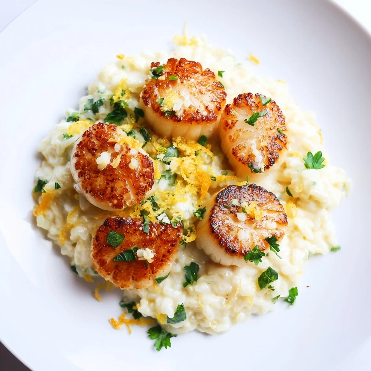 Close-up of tender scallops paired with rich lemon garlic risotto, perfect for a pescatarian, gluten-free dinner in under an hour.