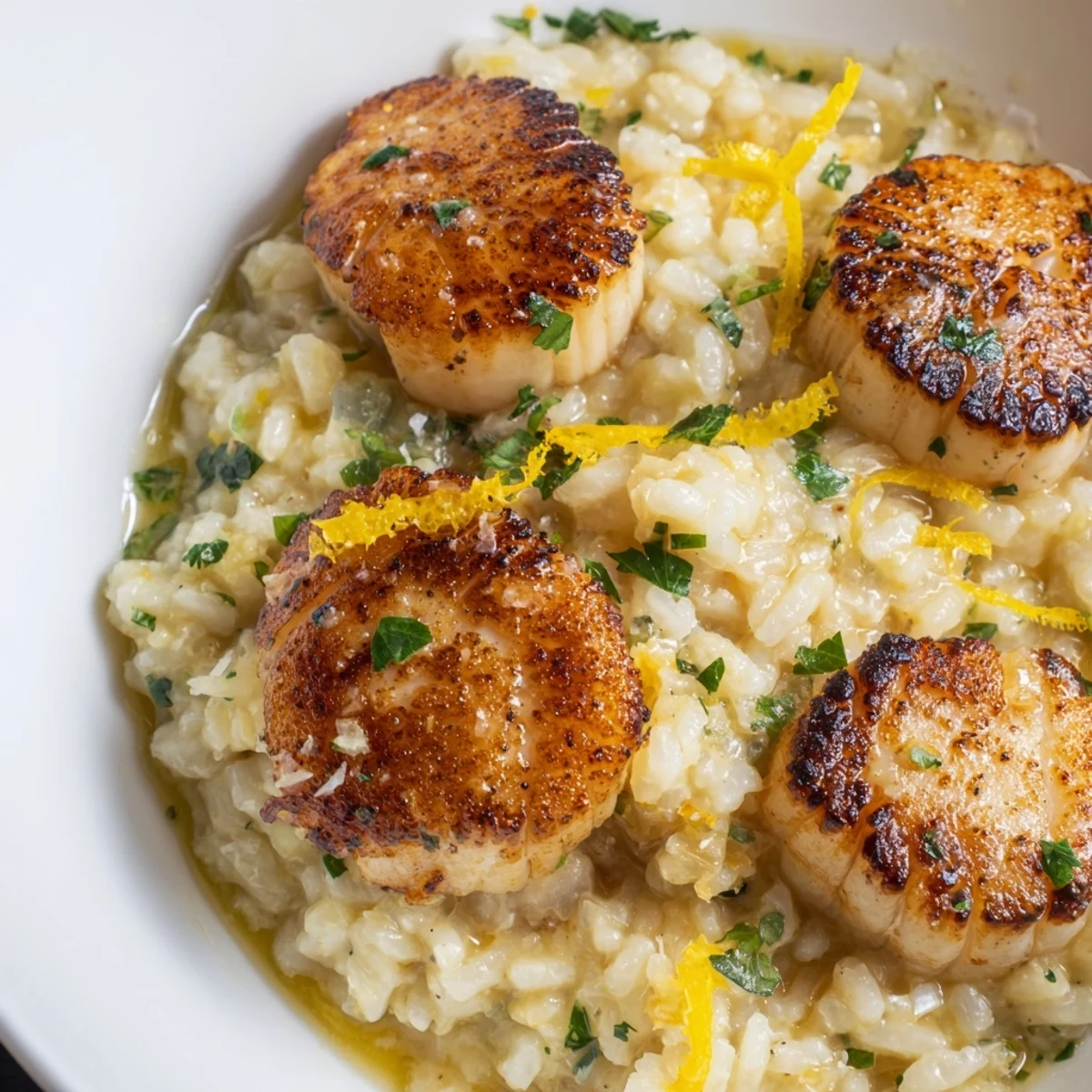 A rustic wooden table displays Lemon Garlic Scallops with Risotto, perfect for an elegant dinner at home.